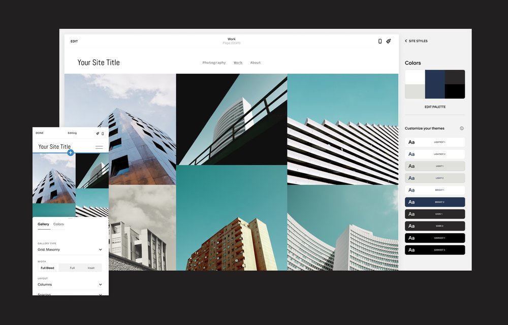 exemplo de site de fotografias de arquitetura com o editor de estilos do site do Squarespace